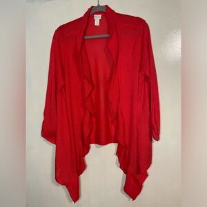 Chicos size L light weight open red ruffle cardigan romantic holidays boho